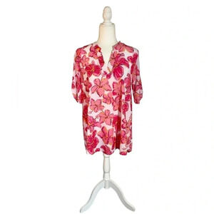 NWT Simply Southern Pink Sarasota Hibiscus Floral 3/4 Tab Sleeve Tunic Top